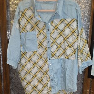 POL Light Blue Yellow Casual  Baggy Loose Fit Shirt